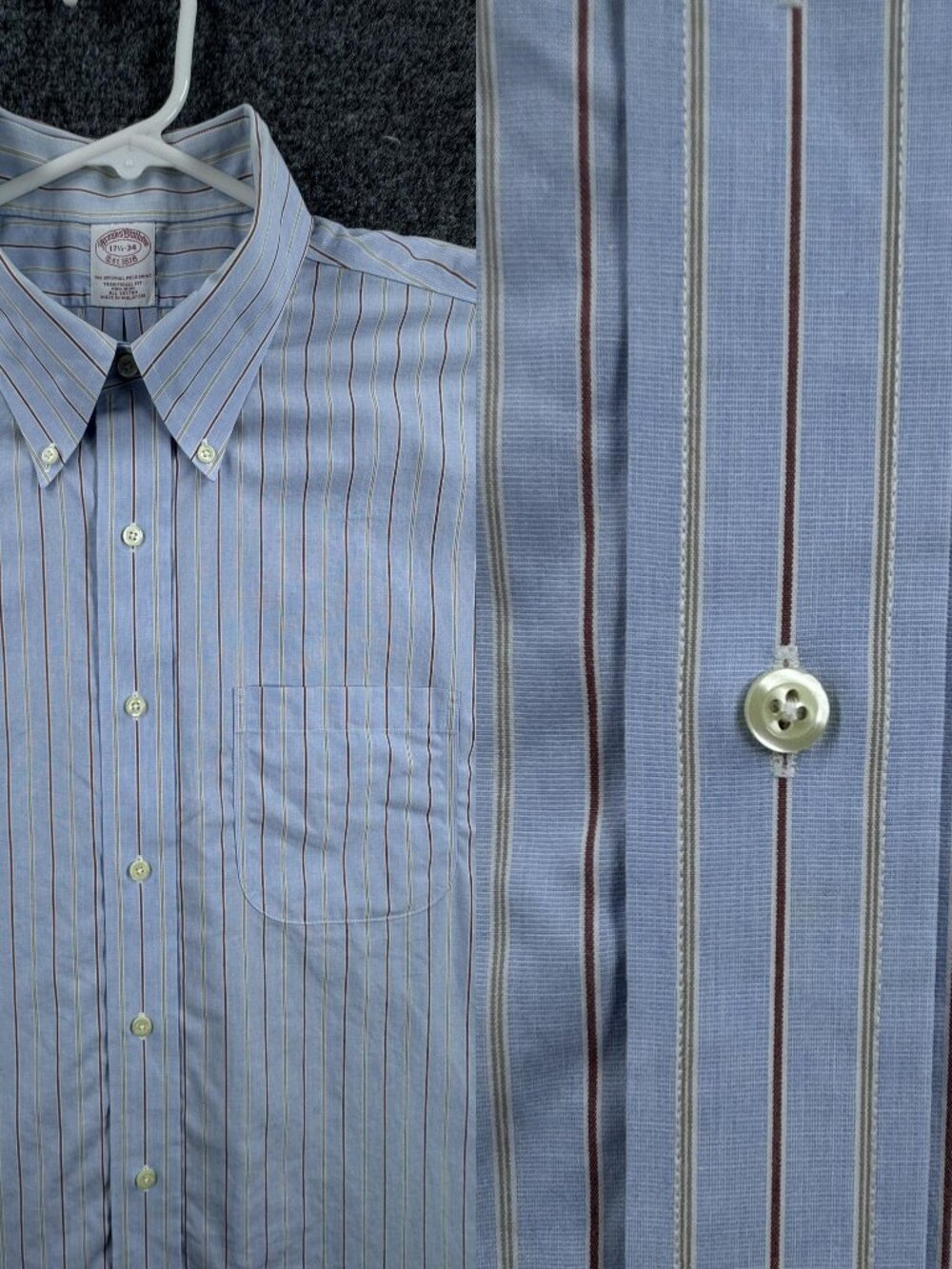 Brooks Brothers Men 17.5 34 Button-Down Striped Non-Iron Traditional Blue Cotton